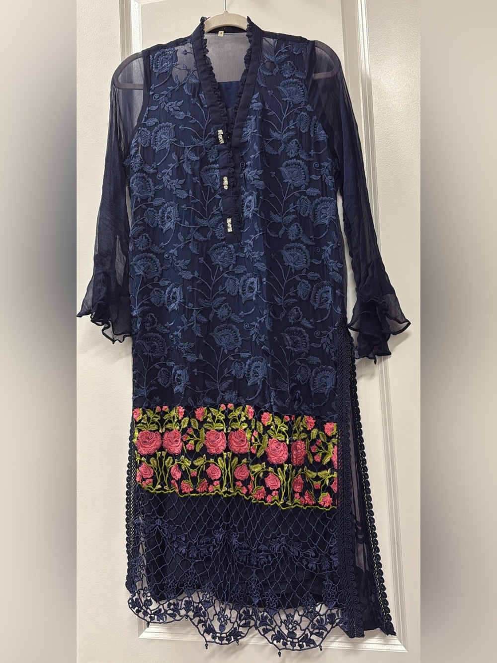 Agha Noor Navy Embroidered Floral 4 Piece Dress